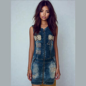 Y2k DENIM MINI DRESS EMBROIDERED BUTTERFLIES RHINESTONES MADE IN EUROPE